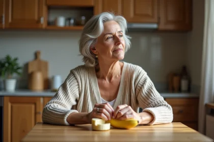 Femme d'âge moyen en détente peignant une banane dans la cuisine