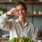 Femme saupoudrant du sel rose sur une salade fraîche