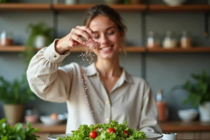 Femme saupoudrant du sel rose sur une salade fraîche