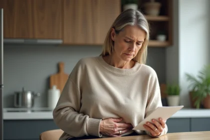 Femme réfléchissant à sa santé en tenant une brochure