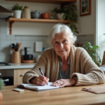 Femme senior souriante écrit dans un carnet à la maison