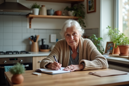 Femme senior souriante écrit dans un carnet à la maison