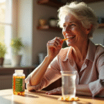 Femme senior souriante prenant une vitamine B12 à la cuisine