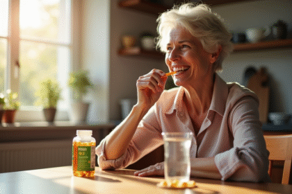 Femme senior souriante prenant une vitamine B12 à la cuisine
