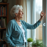 Femme senior regardant par la fenetre condensation