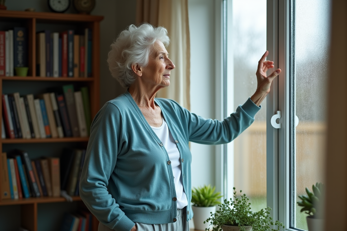 Femme senior regardant par la fenetre condensation