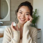 Femme souriante avec crème postbiotique dans une salle de bain