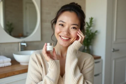 Femme souriante avec crème postbiotique dans une salle de bain