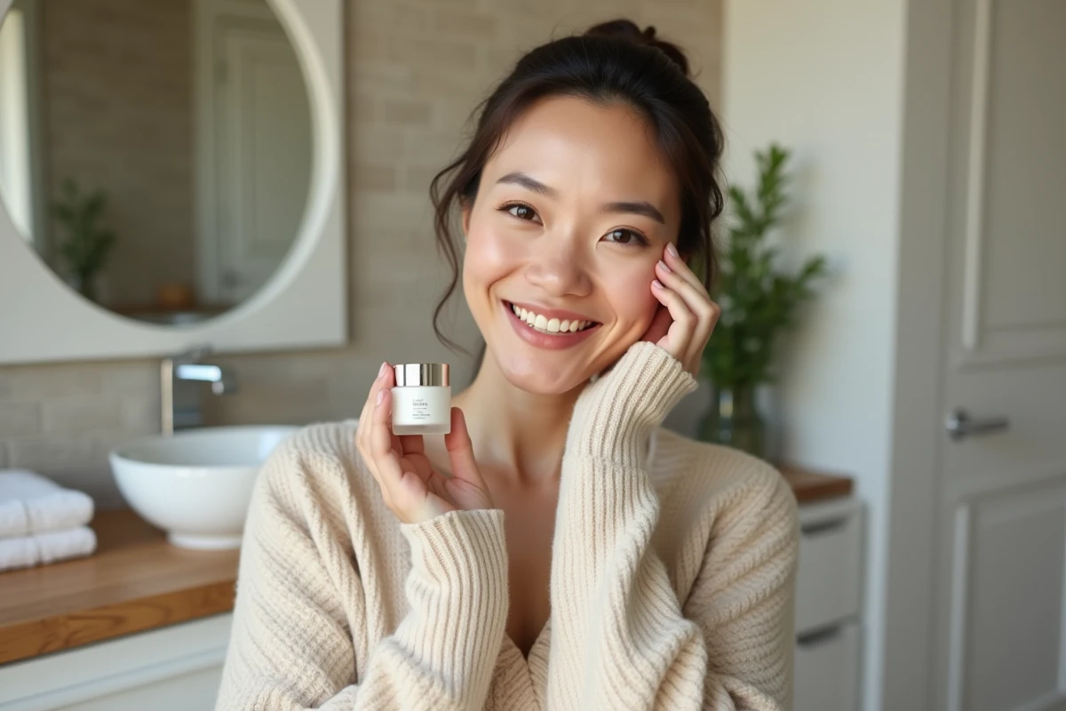 Femme souriante avec crème postbiotique dans une salle de bain