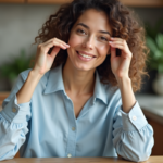 Femme souriante en blouse bleue peau saine visage