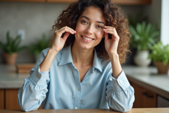 Femme souriante en blouse bleue peau saine visage