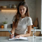 Femme en tenue de sport note son poids dans un journal santé