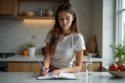 Femme en tenue de sport note son poids dans un journal santé