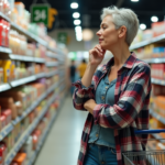 Femme examinant des snacks en supermarche