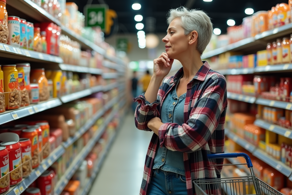 Femme examinant des snacks en supermarche