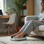 Femme en télétravail utilisant un appareil de massage de pieds sur son canapé à domicile