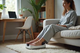 Femme en télétravail utilisant un appareil de massage de pieds sur son canapé à domicile