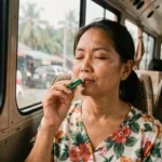 Femme thaïlandaise utilisant un inhaleur Yadom dans un bus pour soulager le mal des transports