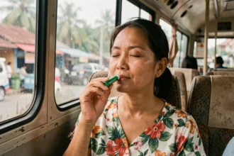 Femme thaïlandaise utilisant un inhaleur Yadom dans un bus pour soulager le mal des transports