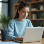 Femme d'âge mûr travaillant sur un ordinateur portable à la maison
