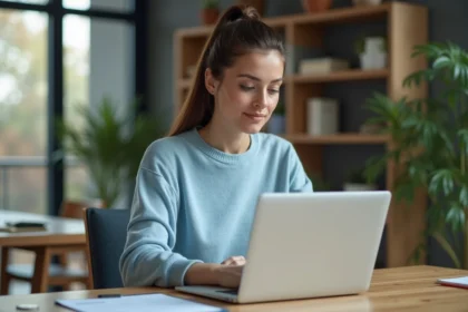 Femme d'âge mûr travaillant sur un ordinateur portable à la maison