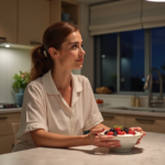 Femme en pyjama dégustant un bol de yogourt aux fruits