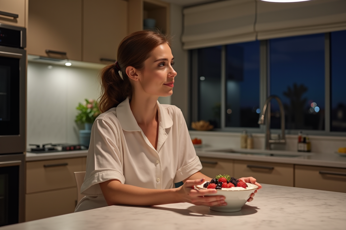 Femme en pyjama dégustant un bol de yogourt aux fruits