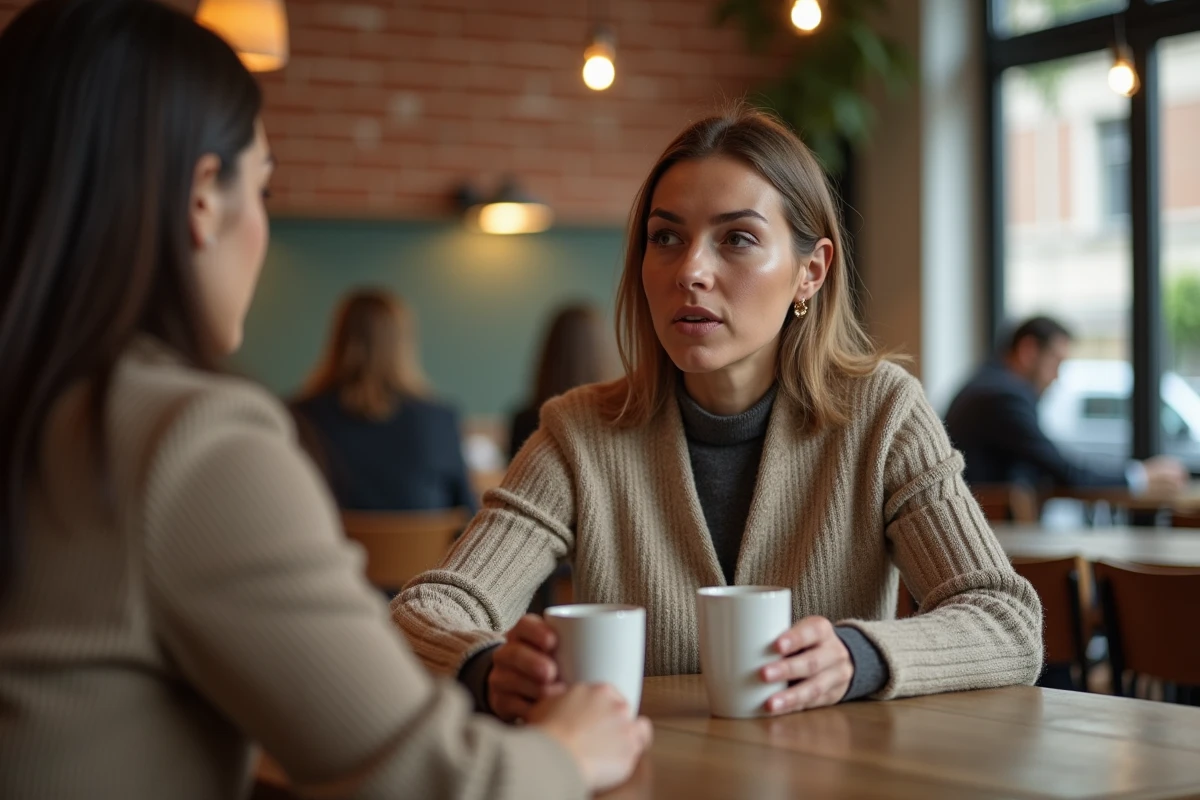 Deux femmes discutant dans un café convivial