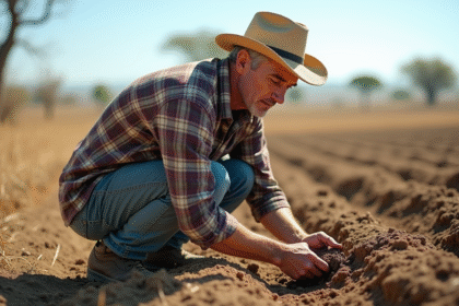 Fermeur au champ sec tenant la terre aride