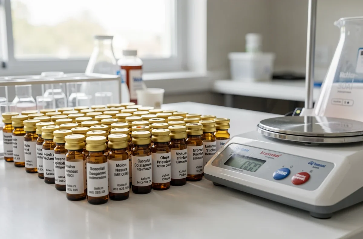 Flacons de préparation alignés sur le plan de travail d'une pharmacie