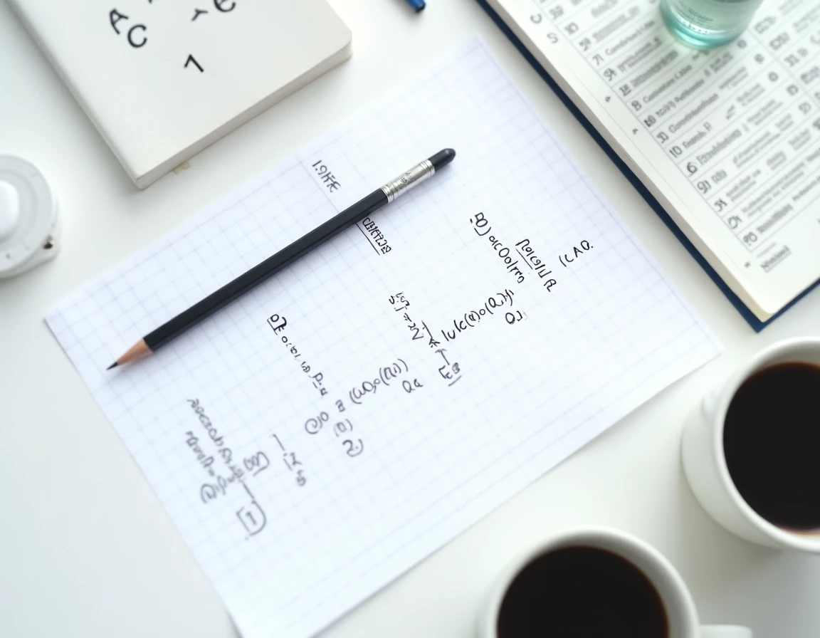 Flat-lay de fiches mémo imprimées sur le calcul de concentration chimique avec matériel scolaire sur bureau blanc