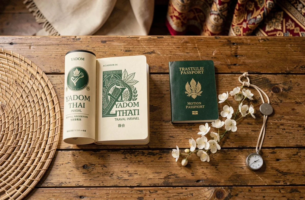 Flat lay de Yadom thaïlandais avec accessoires de voyage sur bois rustique, remède naturel contre le mal des transports