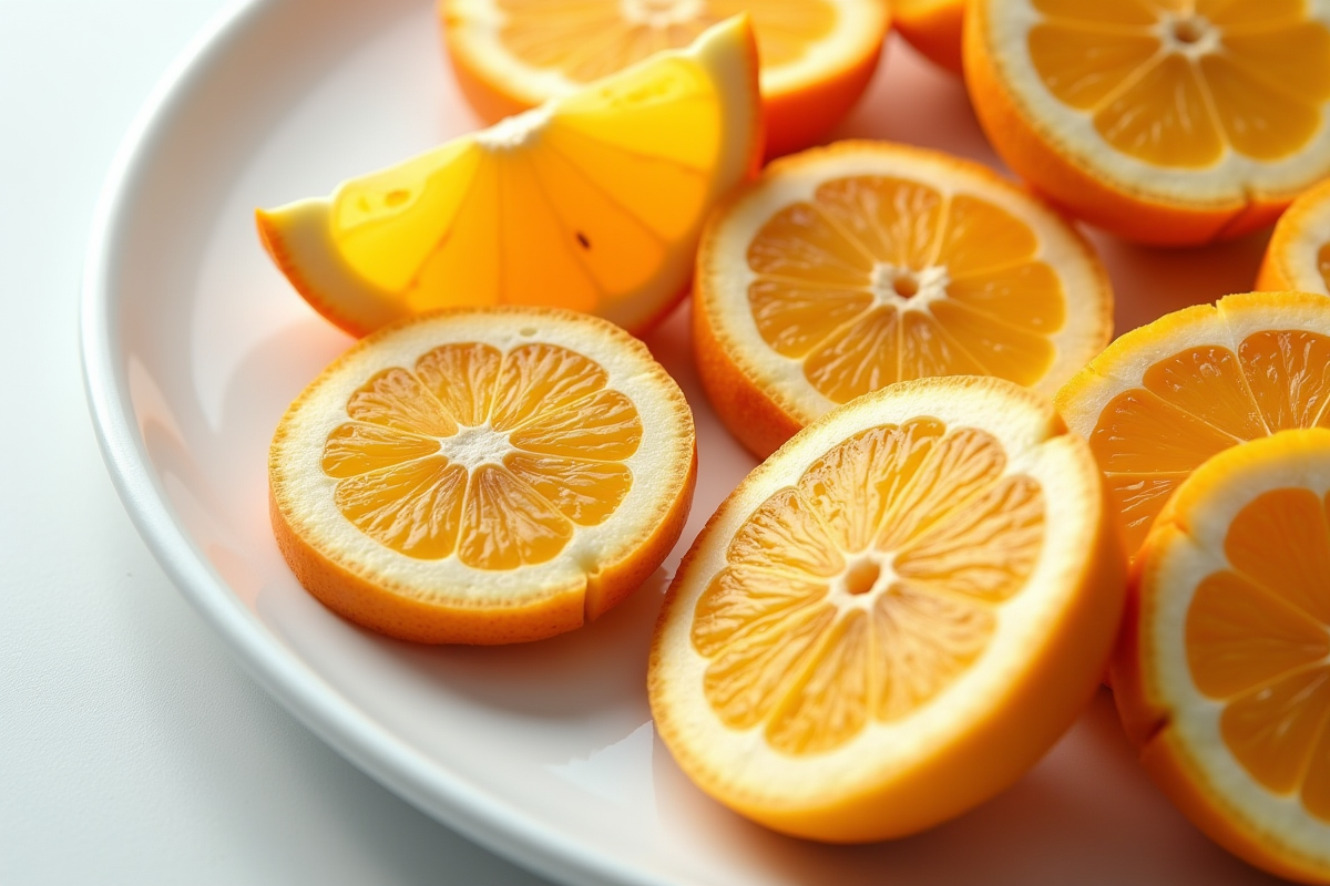 Fruits tranches riches en vitamine D sur une assiette blanche