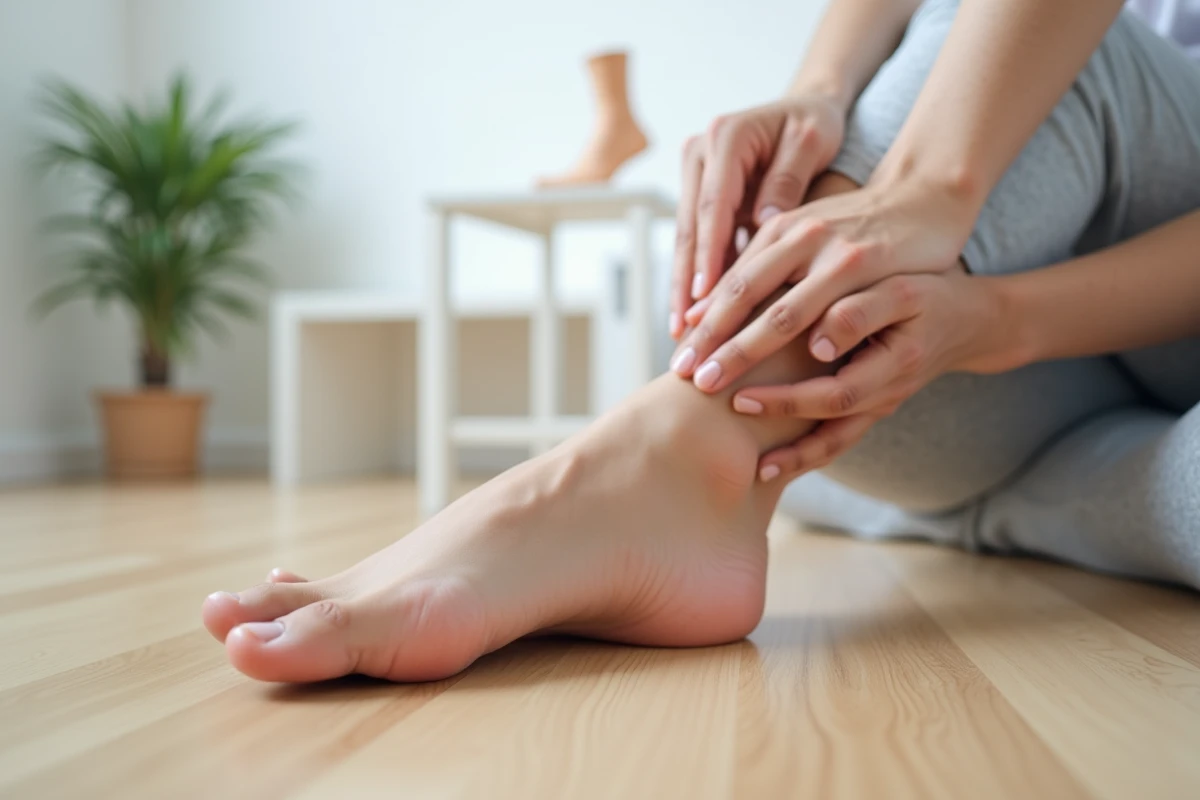 Gros plan du dessus d'un pied nu sur un parquet clair dans un contexte médical, illustrant les signes visuels d'une douleur persistante au haut du pied