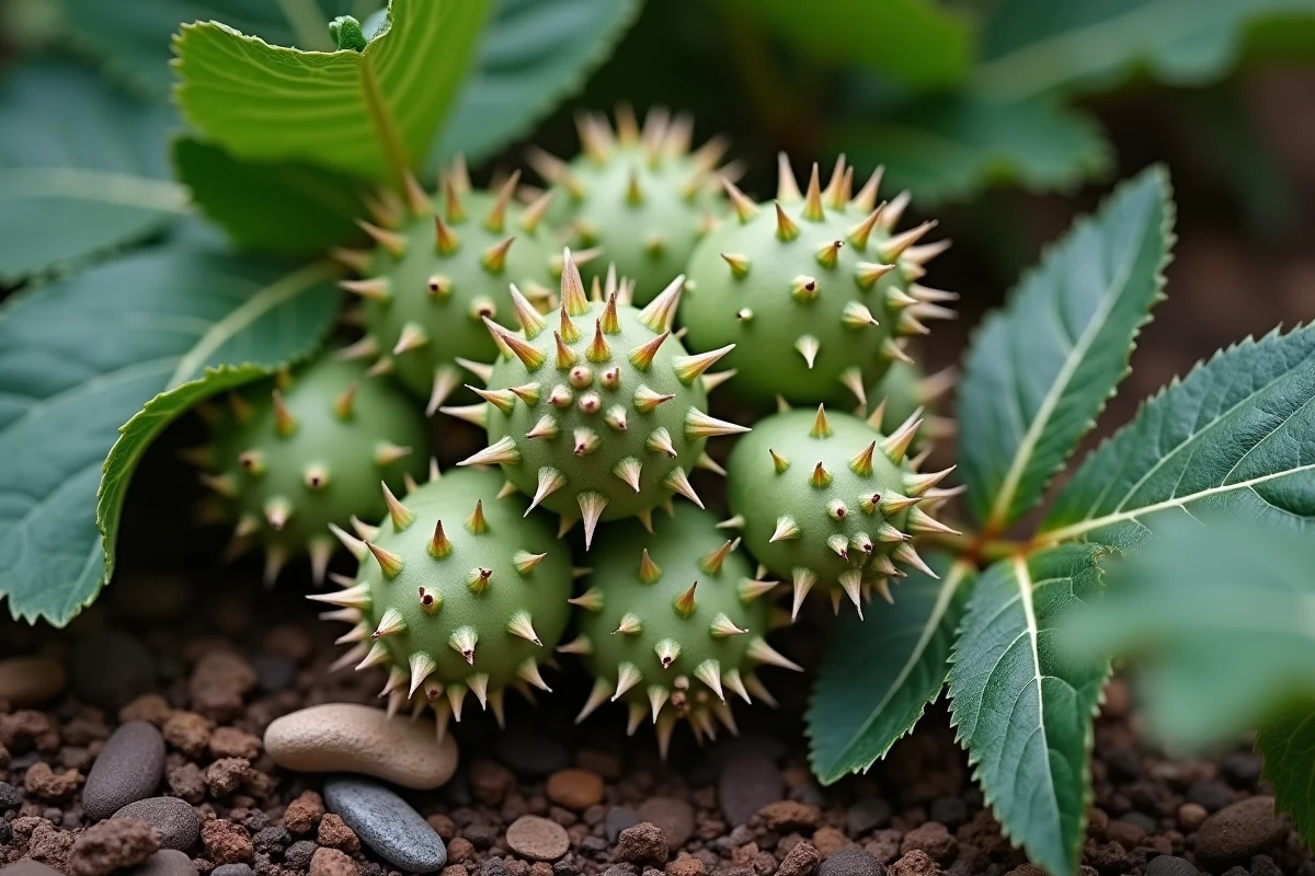 Gros plan sur les fruits épineux et toxiques d'une coloquinte dans un jardin