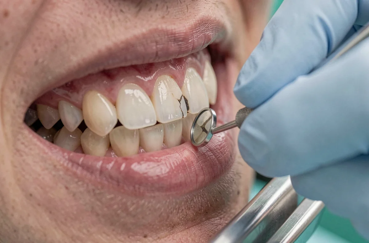 Gros plan d'une molaire fissurée examinée par un dentiste avec miroir buccal