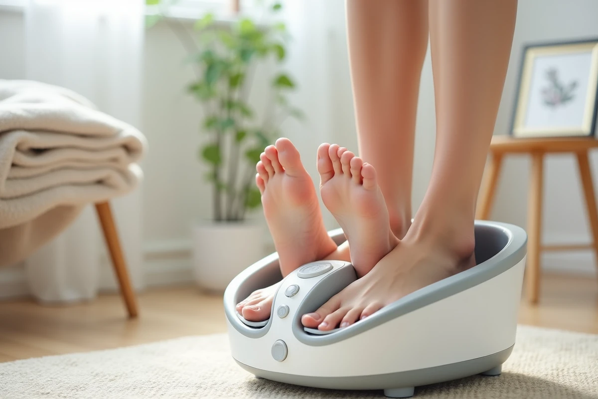 Gros plan de pieds dans un appareil de massage électrique après une journée de télétravail