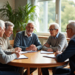 Groupe de seniors en discussion dans une clinique de réadaptation
