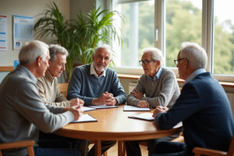 Groupe de seniors en discussion dans une clinique de réadaptation