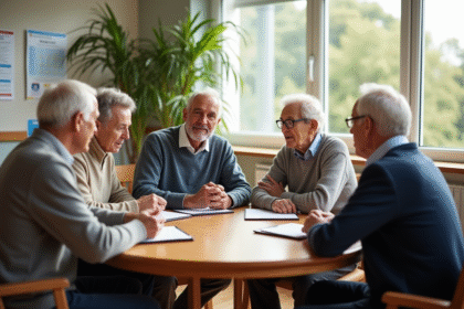 Groupe de seniors en discussion dans une clinique de réadaptation