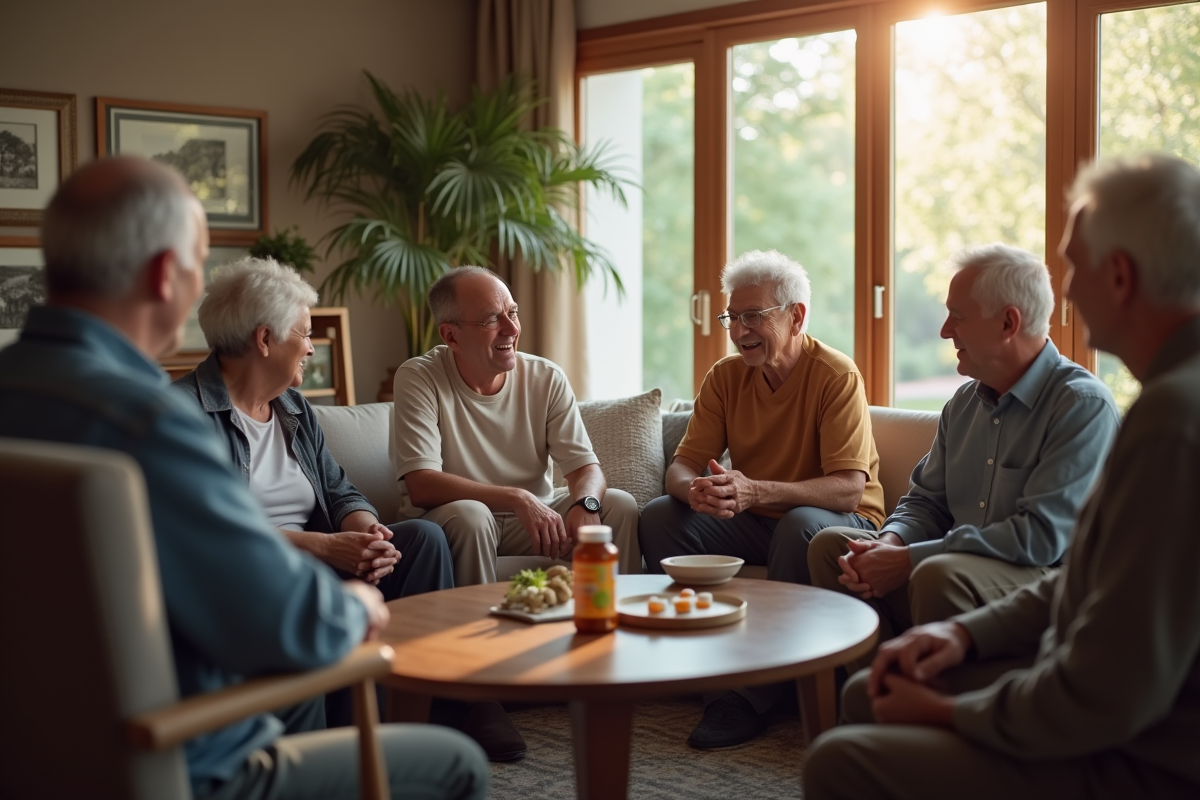 Groupe de seniors discutant dans un salon lumineux avec vitamine E