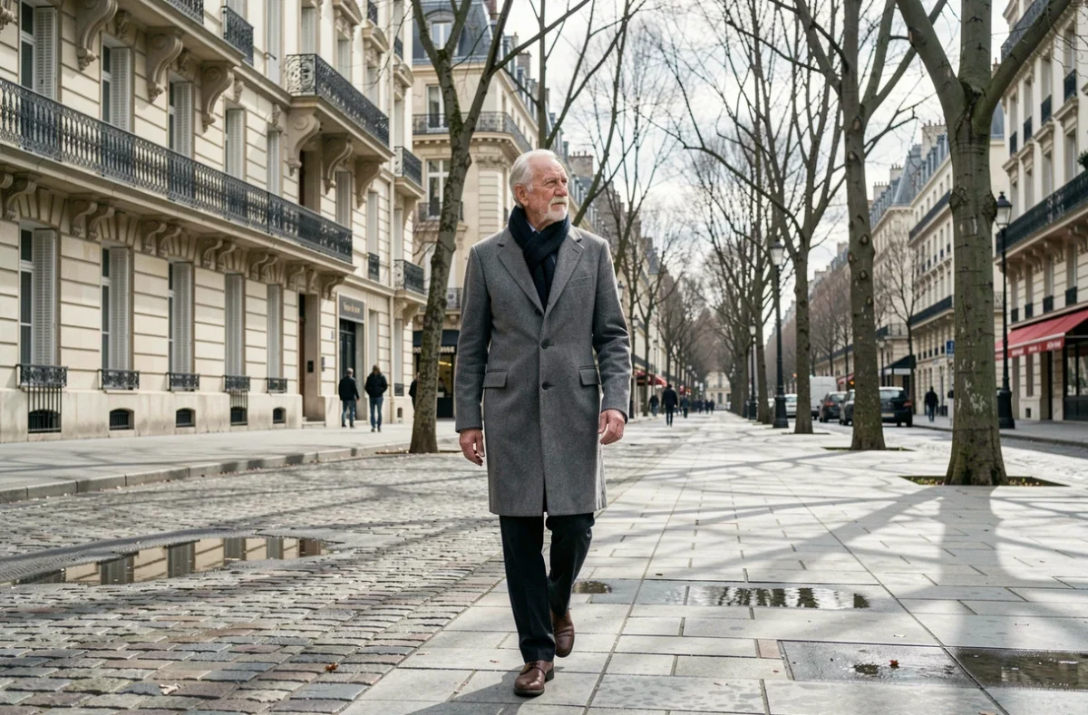 Homme âgé en manteau gris marchant seul sur un boulevard parisien au printemps, atmosphère introspective et mélancolique