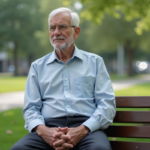 Homme âgé assis sur un banc dans un parc urbain