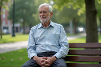 Homme âgé assis sur un banc dans un parc urbain