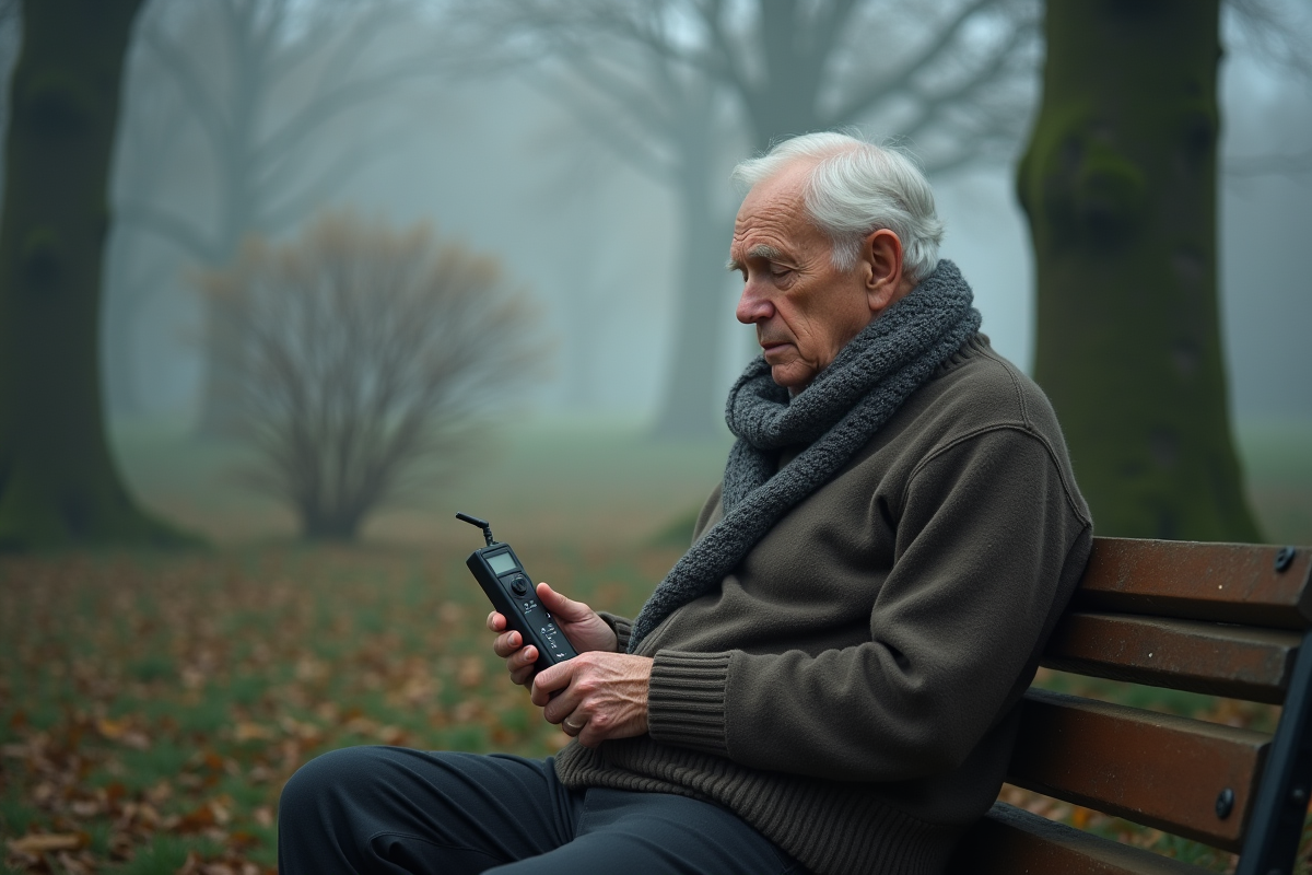 Homme age checkant hygrometre dans parc brumeux