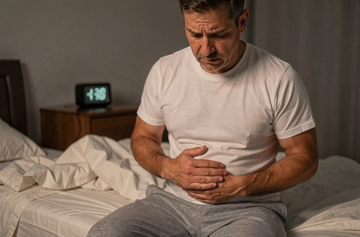 Homme assis au bord du lit la nuit, regardant son ventre avec inquiétude, illustrant les sensations abdominales nocturnes inexpliquées