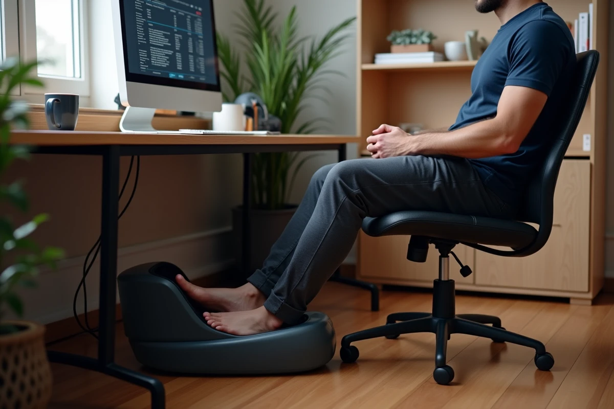 Homme en home office avec un masseur de pieds électrique sous son bureau de travail