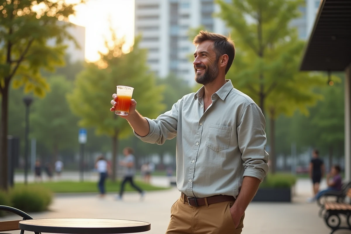 Homme souriant levant un verre denergie en plein air