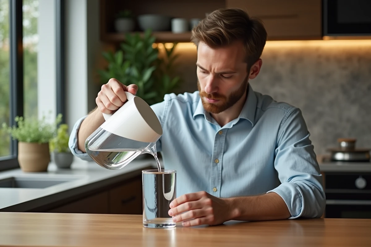 Homme versant de l'eau filtrée par une carafe à perles de céramique dans un verre dans une cuisine moderne