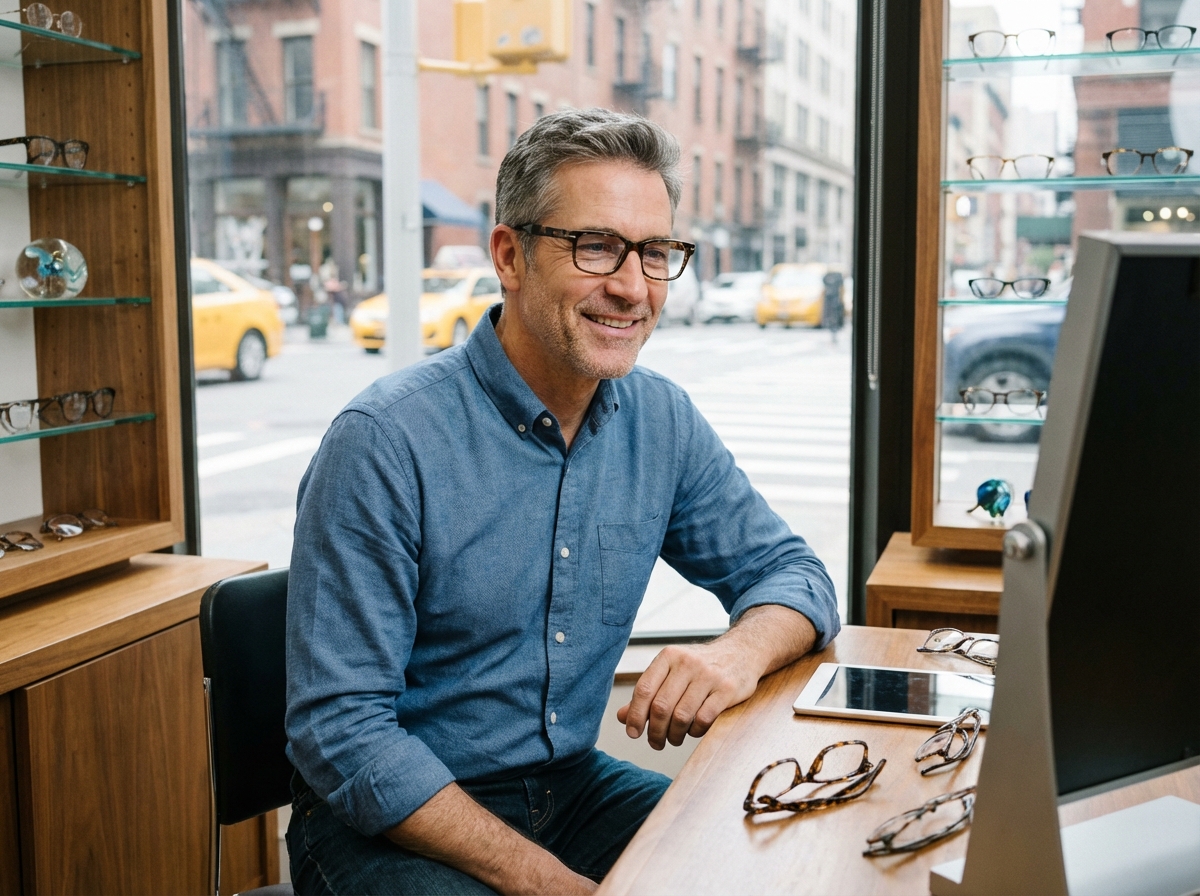Homme essayant des lunettes dans un magasin d
